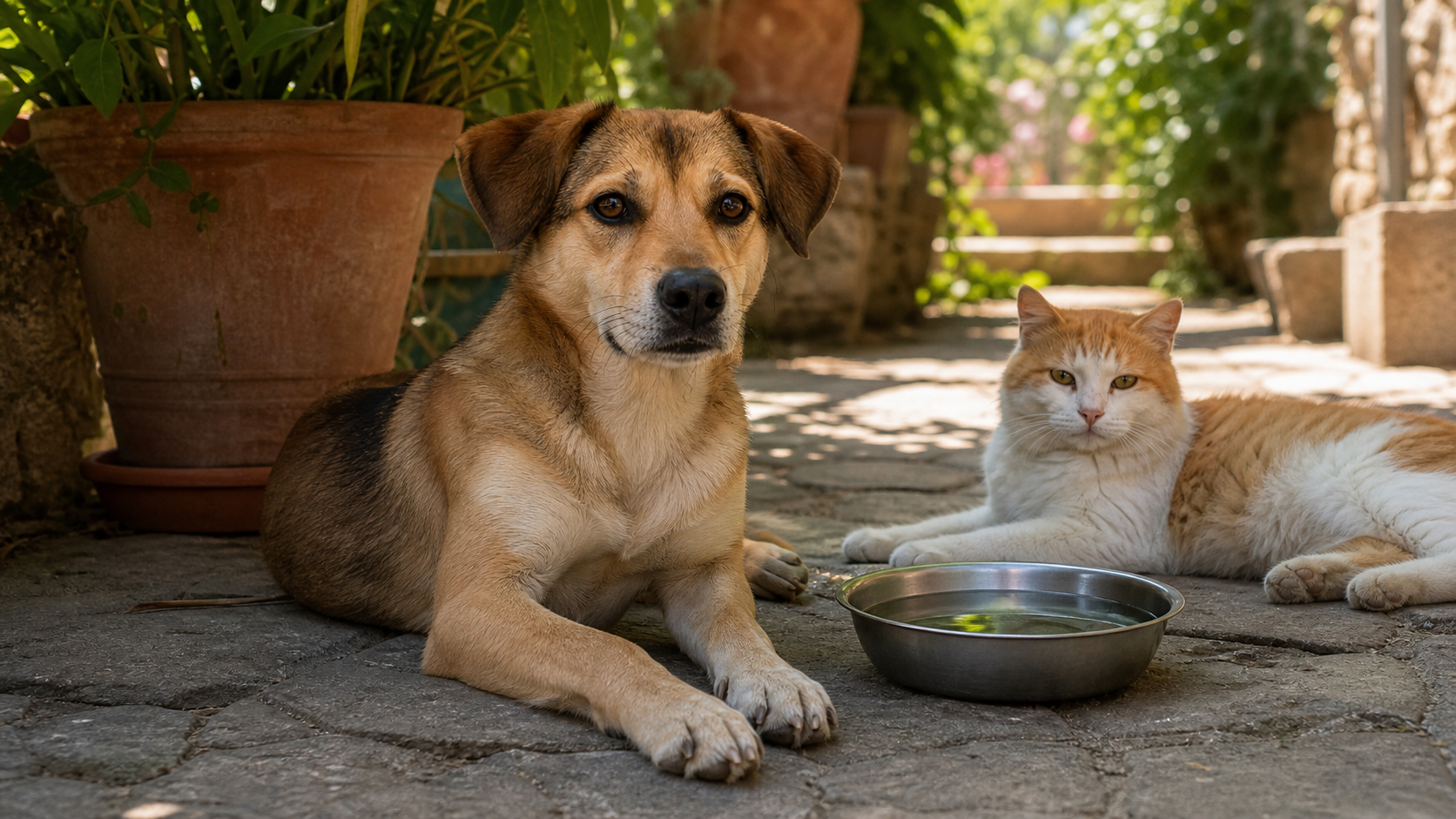 Cane e gatto riposano all ombra in un cortile estivo con una ciotola d acqua fresca.